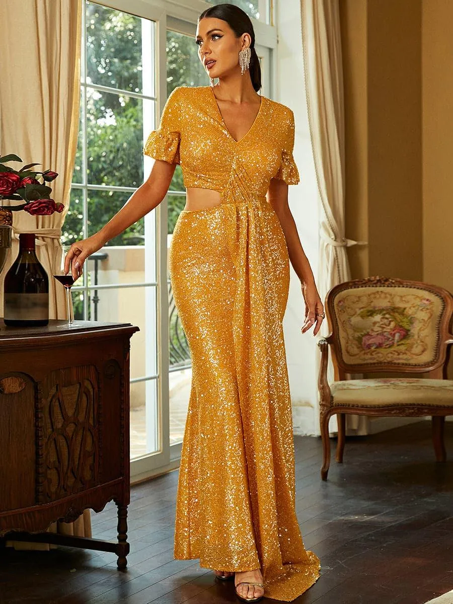 V-Neck Mermaid Maxi Sequin Yellow Prom Dress XJ1407