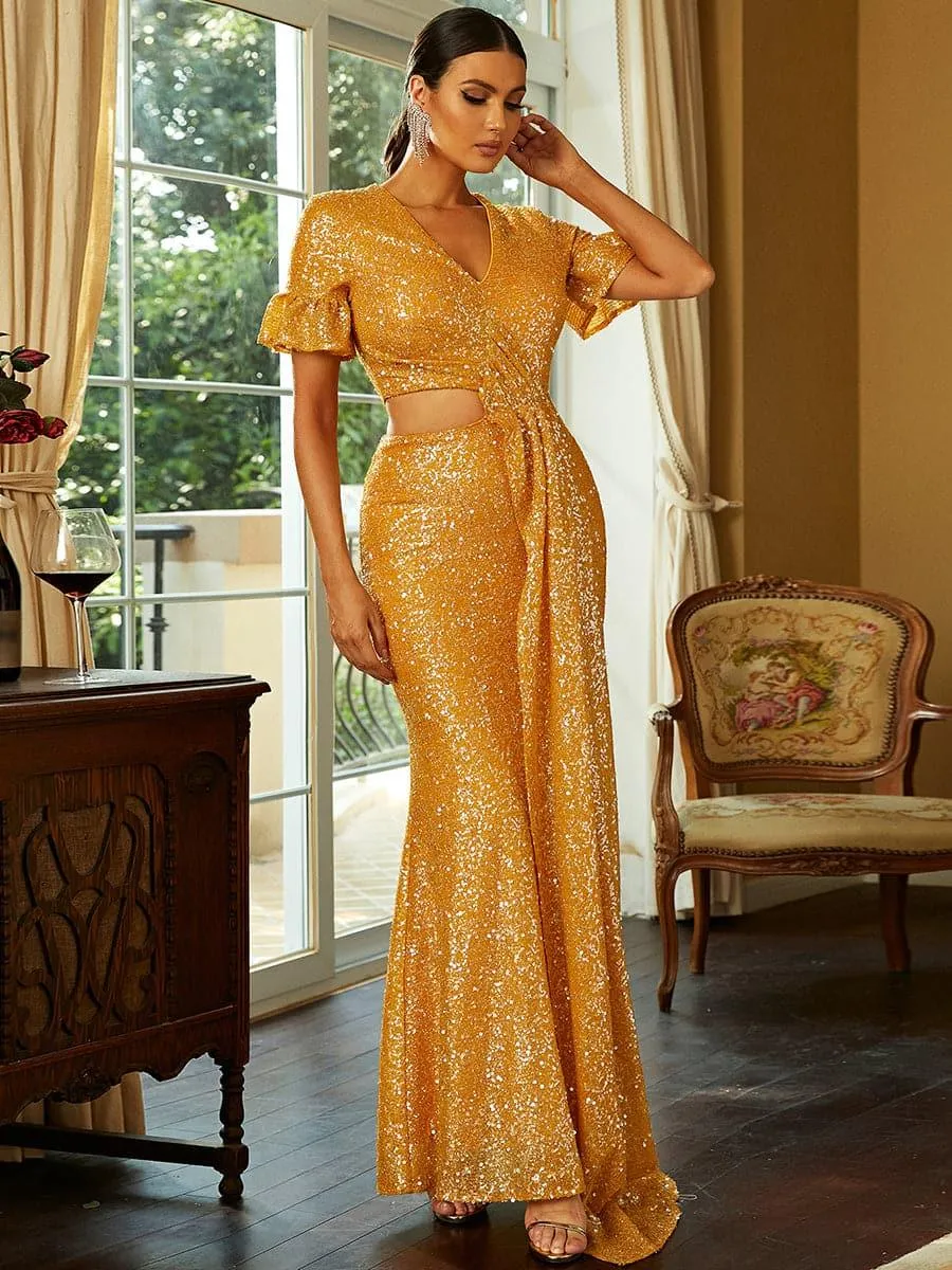 V-Neck Mermaid Maxi Sequin Yellow Prom Dress XJ1407