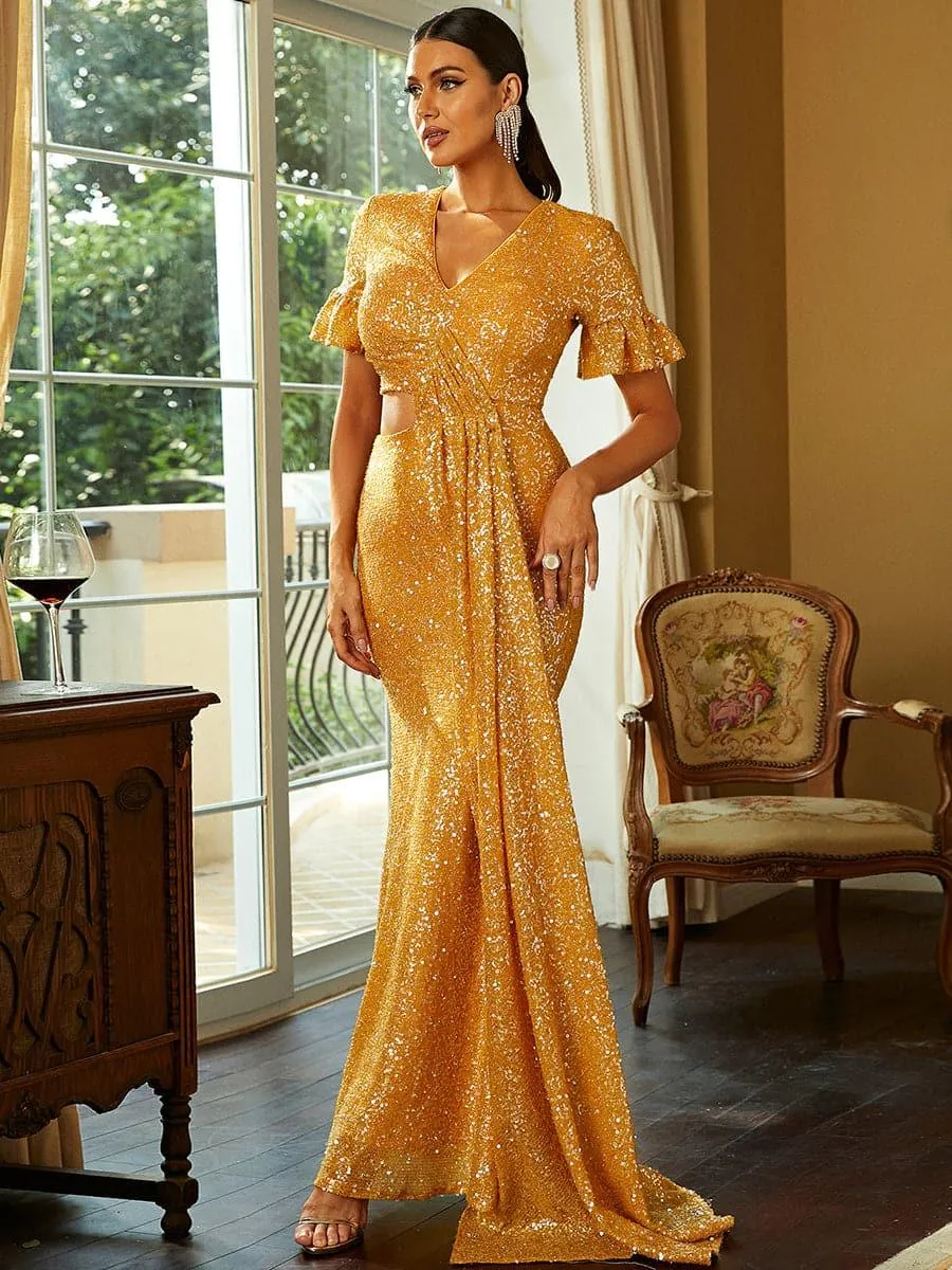 V-Neck Mermaid Maxi Sequin Yellow Prom Dress XJ1407