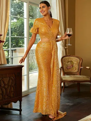 V-Neck Mermaid Maxi Sequin Yellow Prom Dress XJ1407