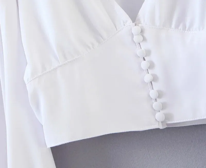 Vintage V-neck Loose Lantern Sleeve Single-breasted Blouse