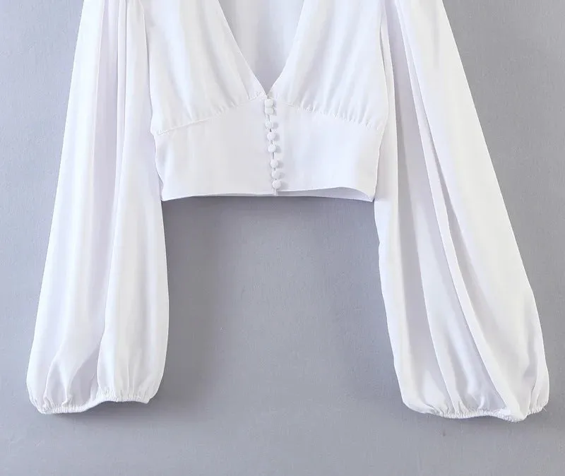 Vintage V-neck Loose Lantern Sleeve Single-breasted Blouse
