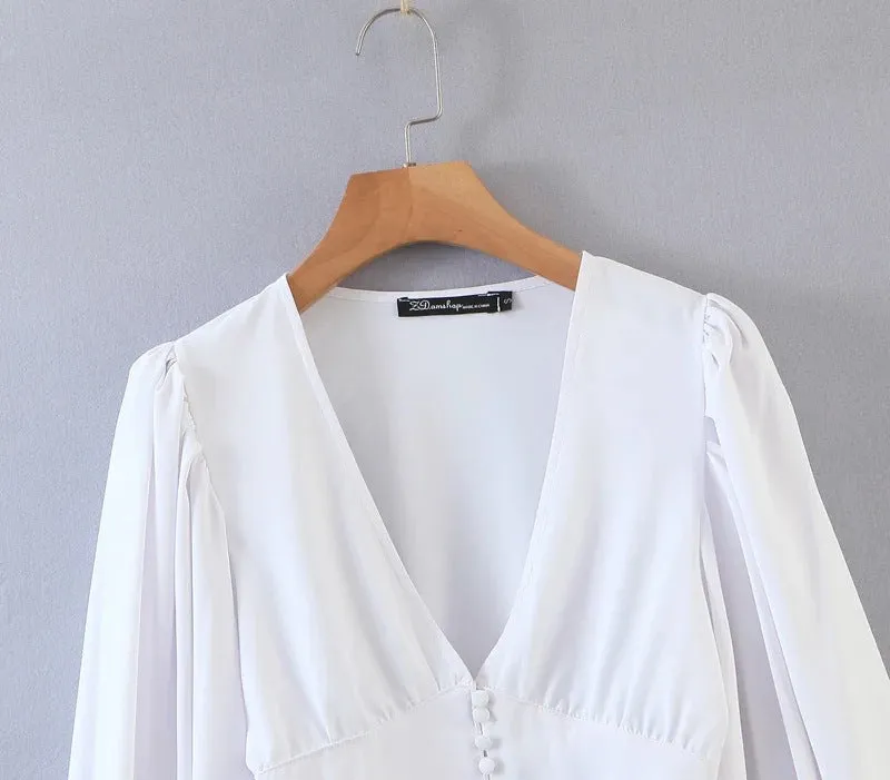 Vintage V-neck Loose Lantern Sleeve Single-breasted Blouse