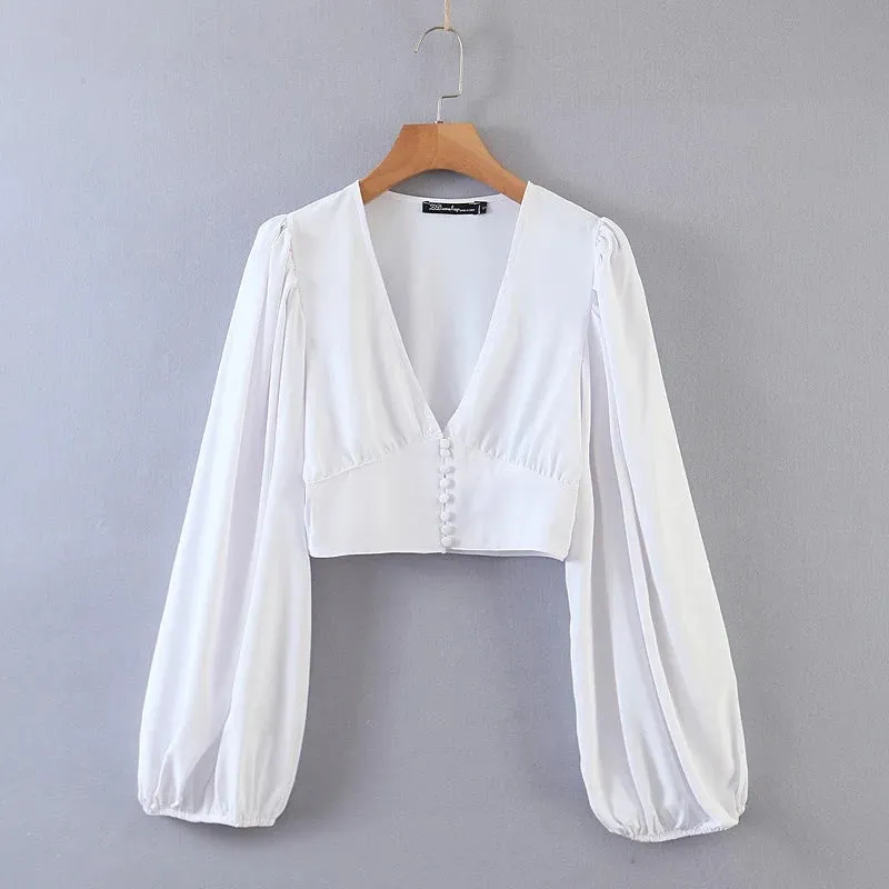 Vintage V-neck Loose Lantern Sleeve Single-breasted Blouse