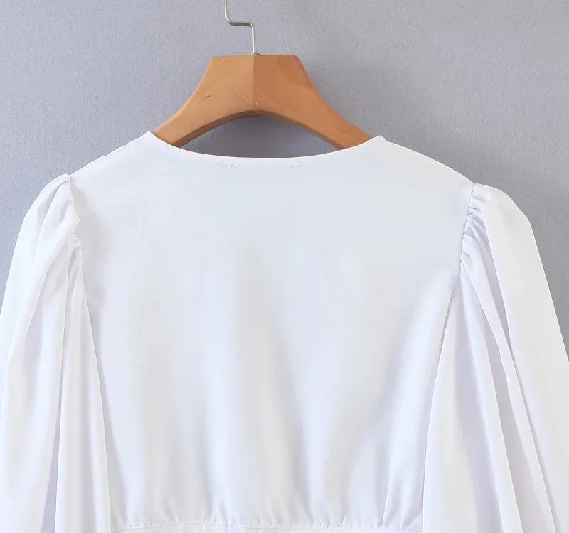 Vintage V-neck Loose Lantern Sleeve Single-breasted Blouse