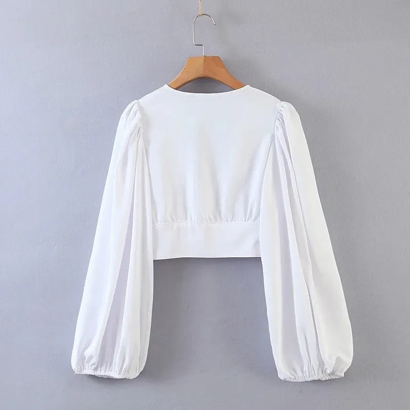 Vintage V-neck Loose Lantern Sleeve Single-breasted Blouse