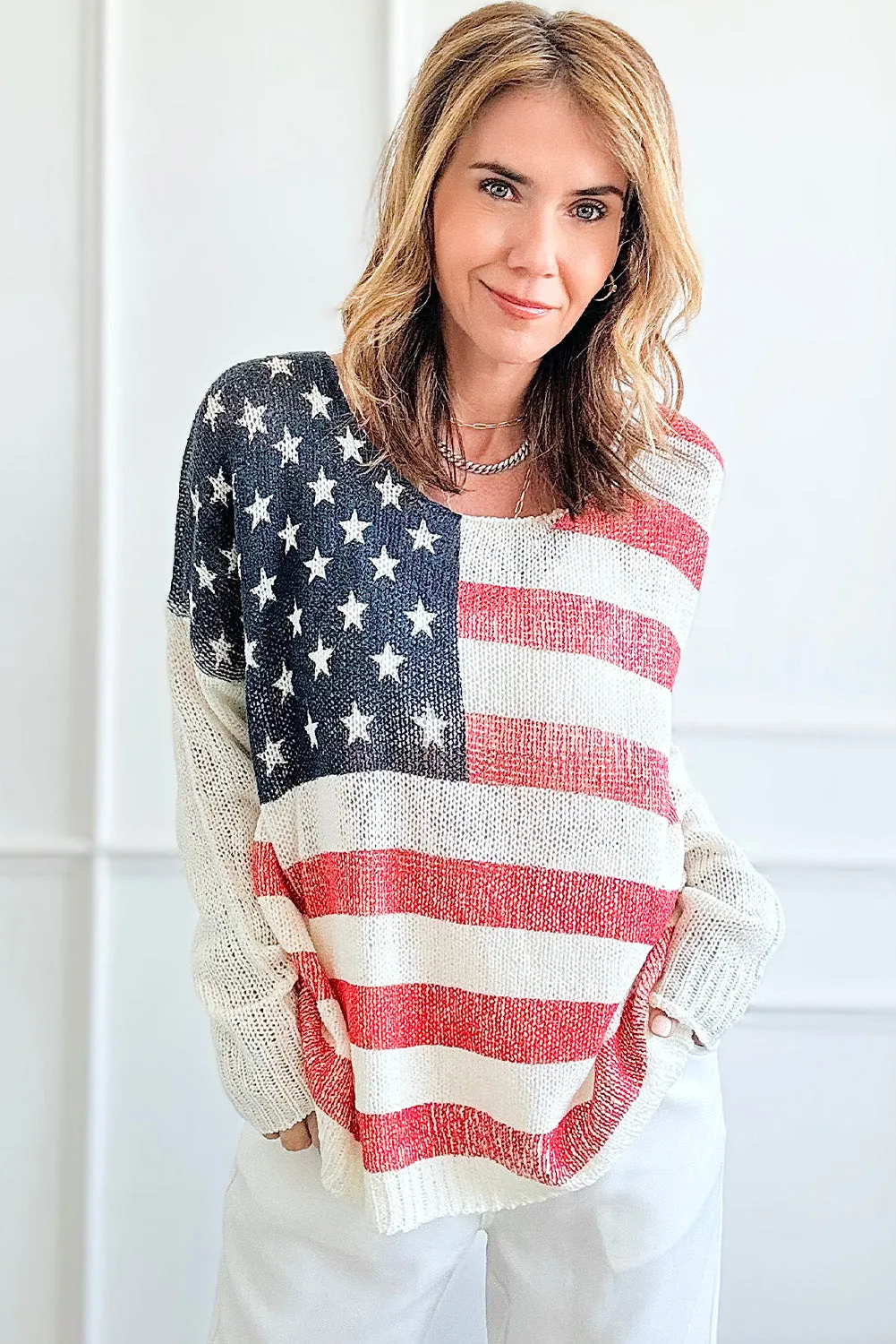 White American Flag Knitted Loose Long Sleeve Sweater