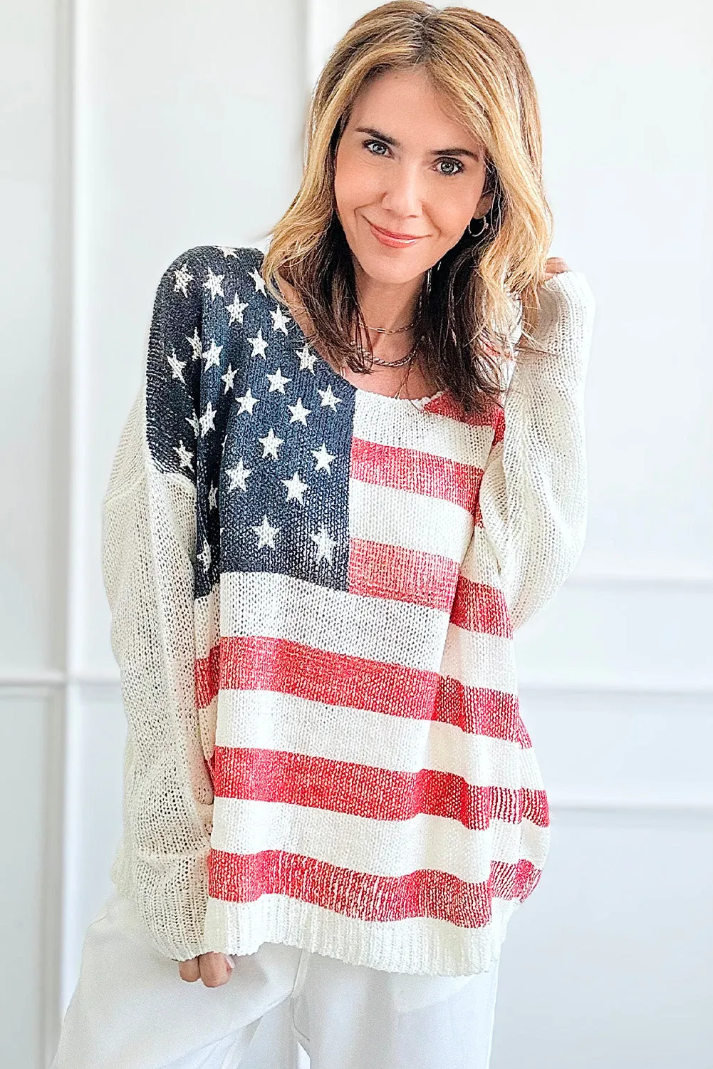 White American Flag Knitted Loose Long Sleeve Sweater