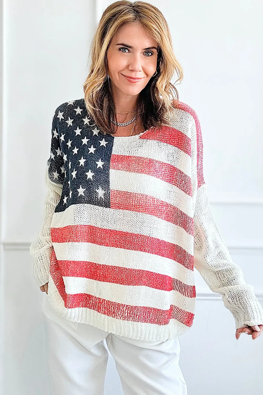 White American Flag Knitted Loose Long Sleeve Sweater