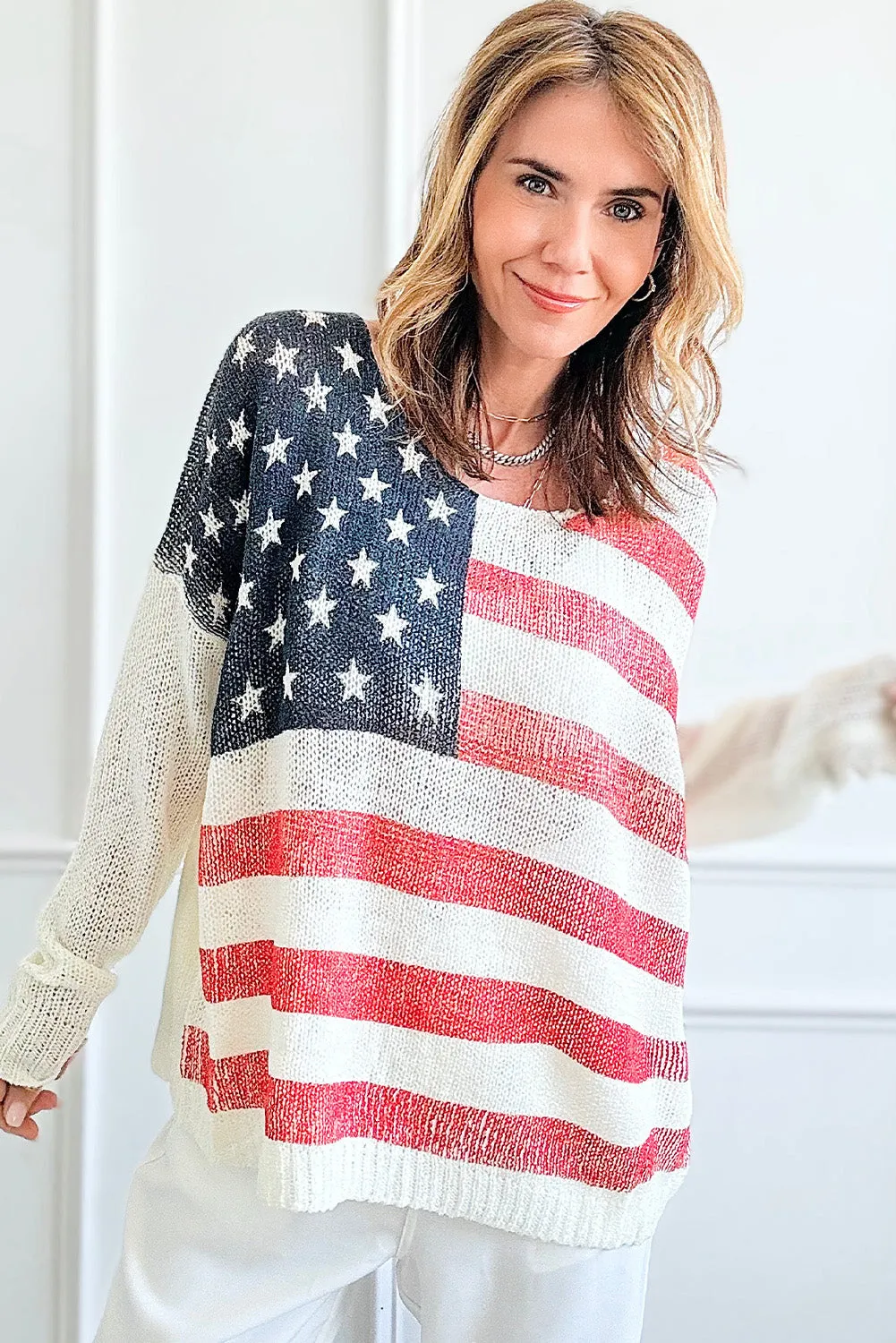 White American Flag Knitted Loose Long Sleeve Sweater