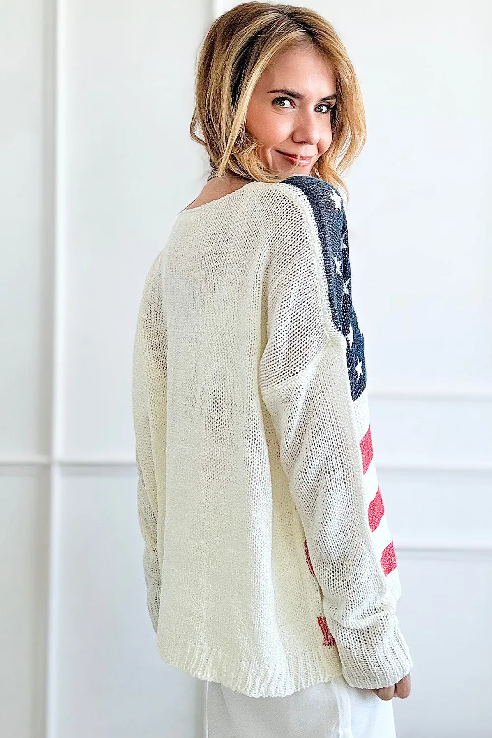 White American Flag Knitted Loose Long Sleeve Sweater