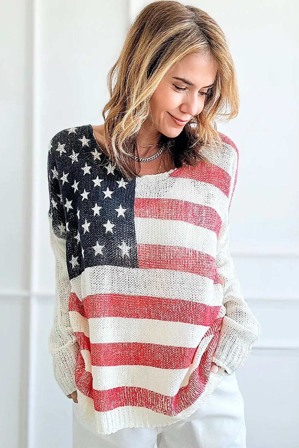 White American Flag Knitted Loose Long Sleeve Sweater