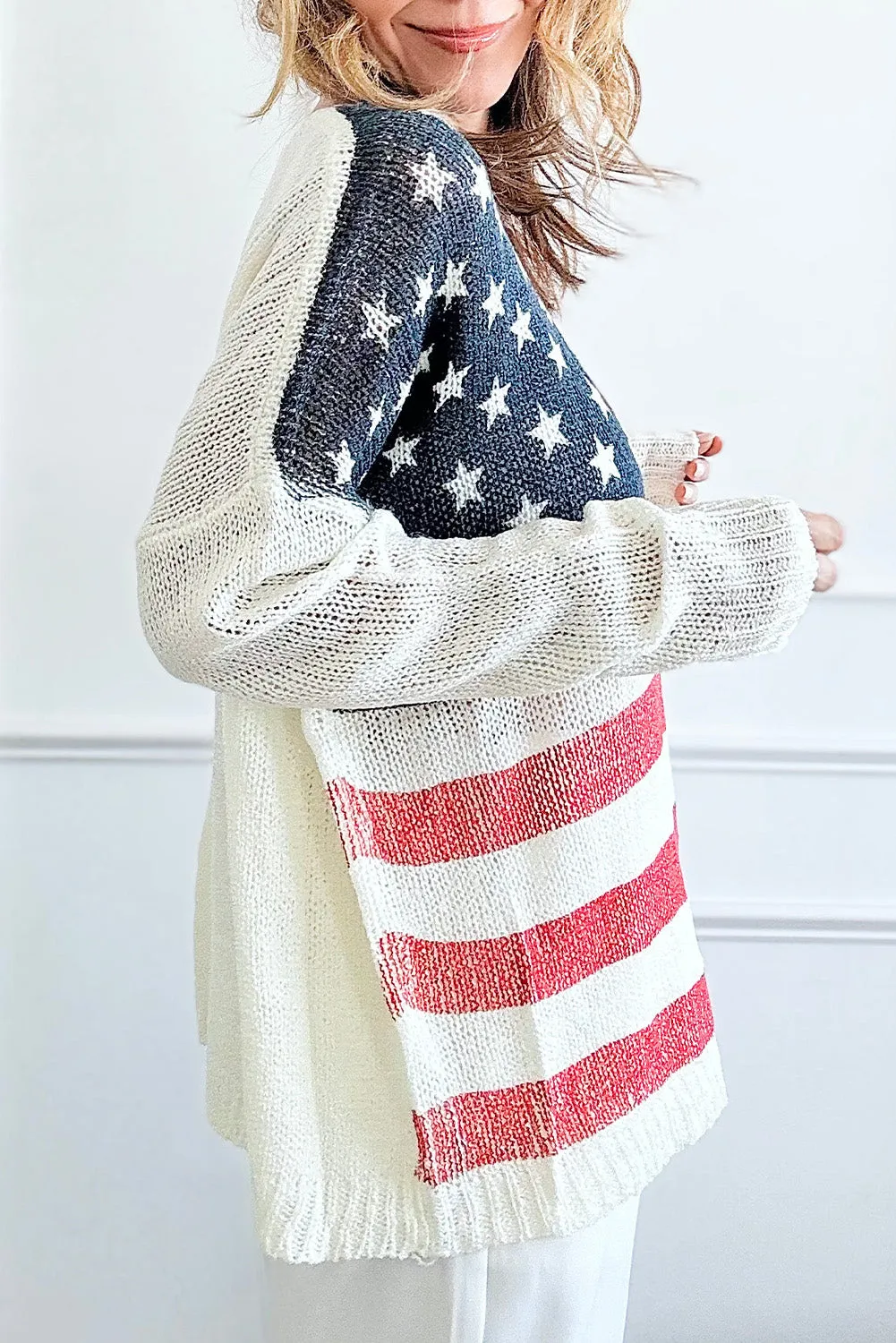 White American Flag Knitted Loose Long Sleeve Sweater
