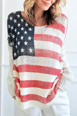 White American Flag Knitted Loose Long Sleeve Sweater