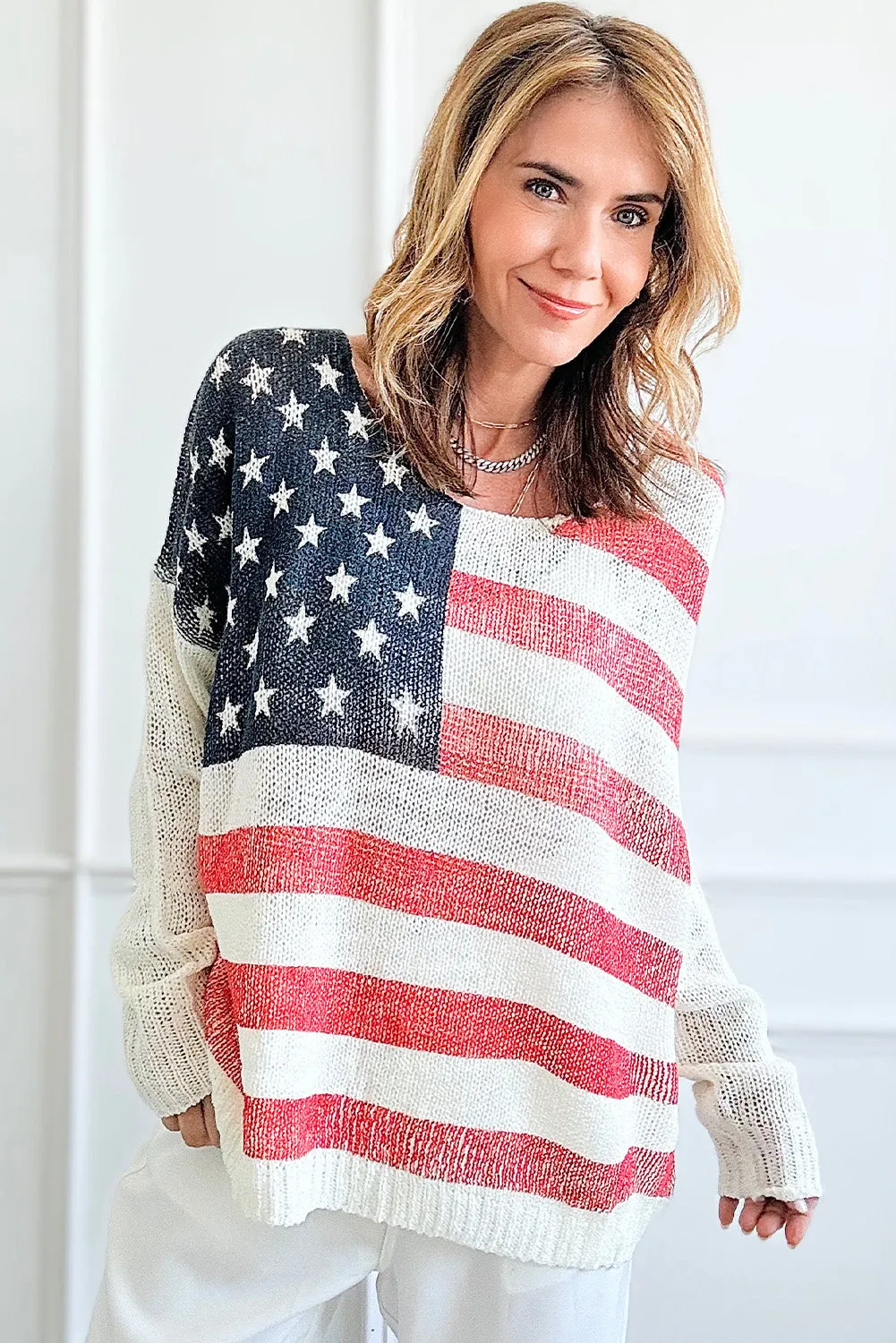 White American Flag Knitted Loose Long Sleeve Sweater