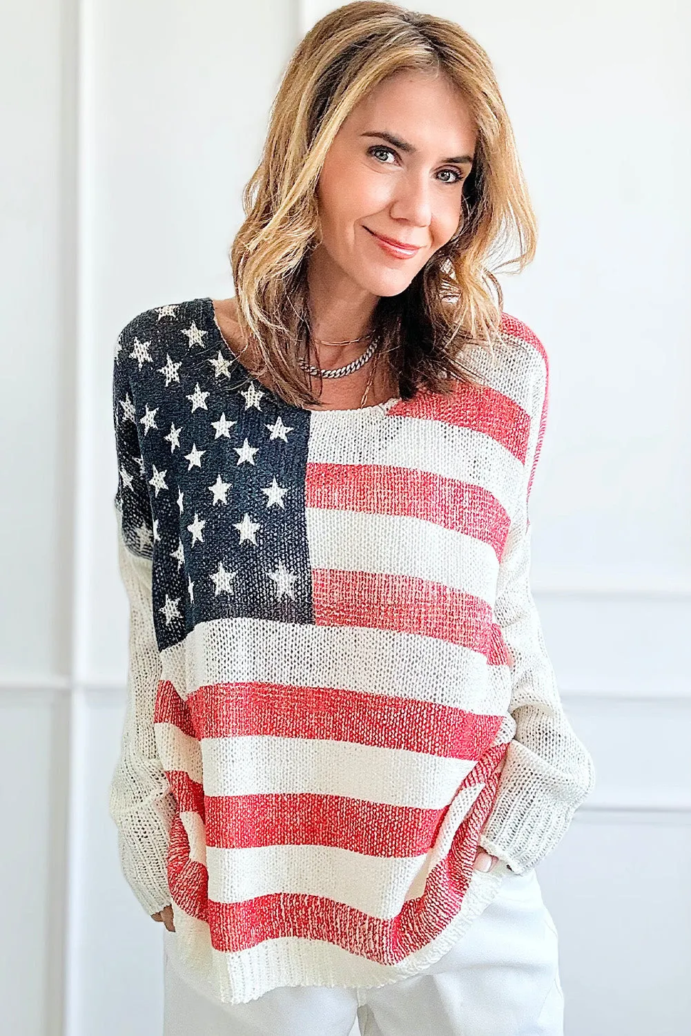 White American Flag Knitted Loose Long Sleeve Sweater