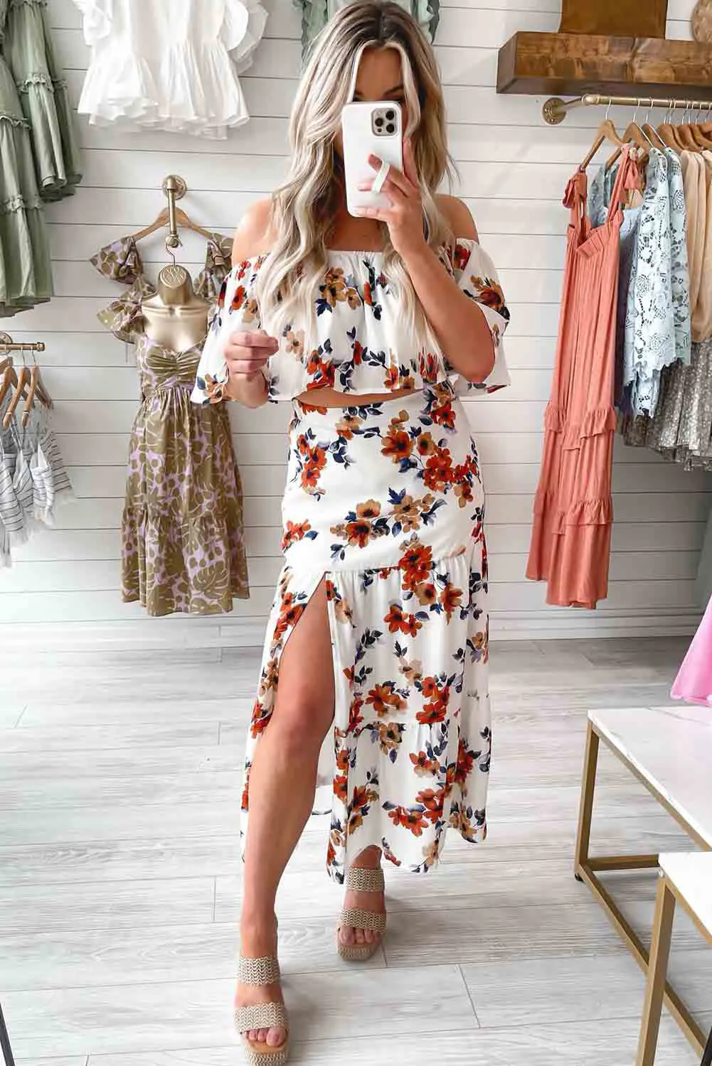 White Floral Print Off-shoulder Crop Top and Maxi Skirt Set
