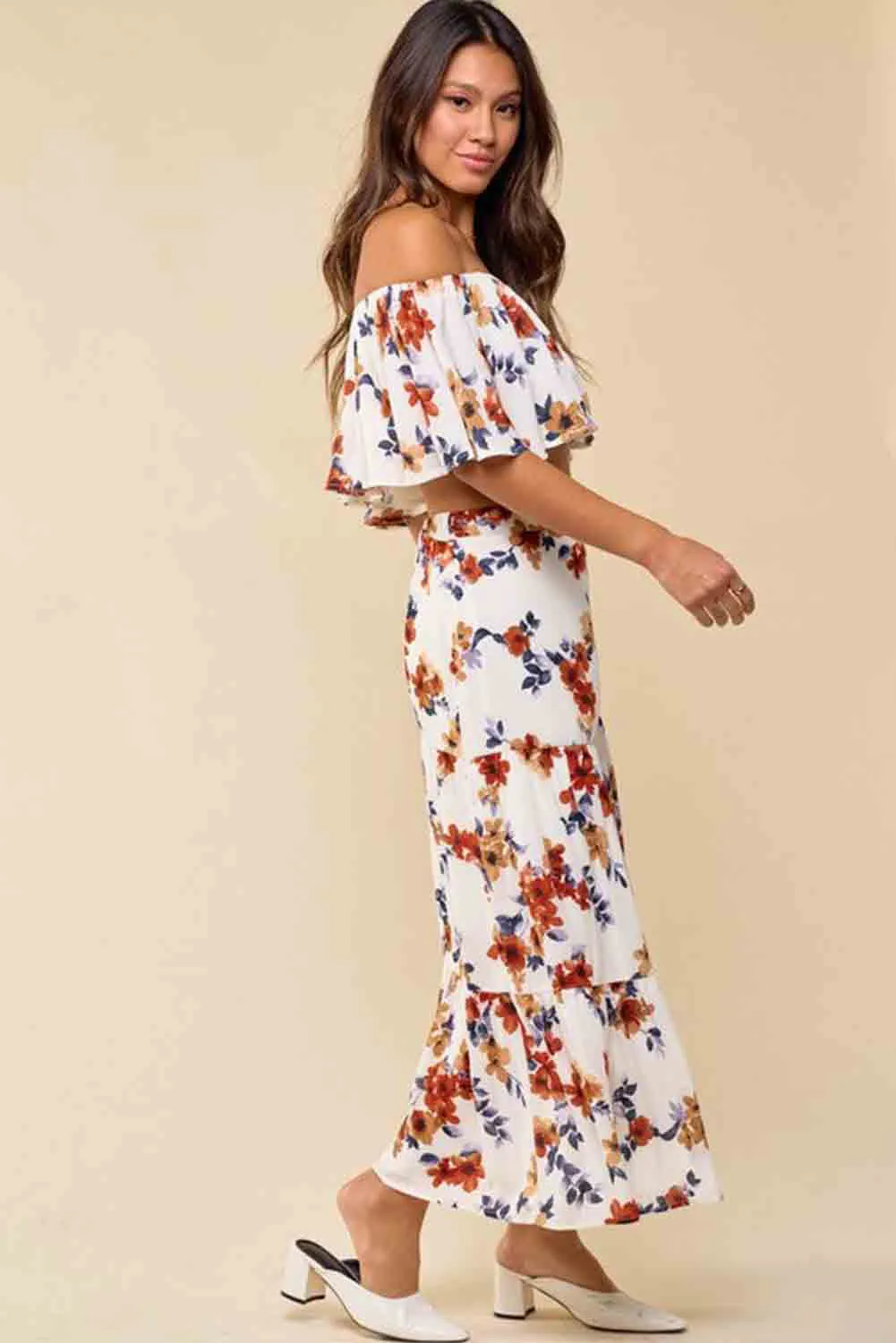 White Floral Print Off-shoulder Crop Top and Maxi Skirt Set