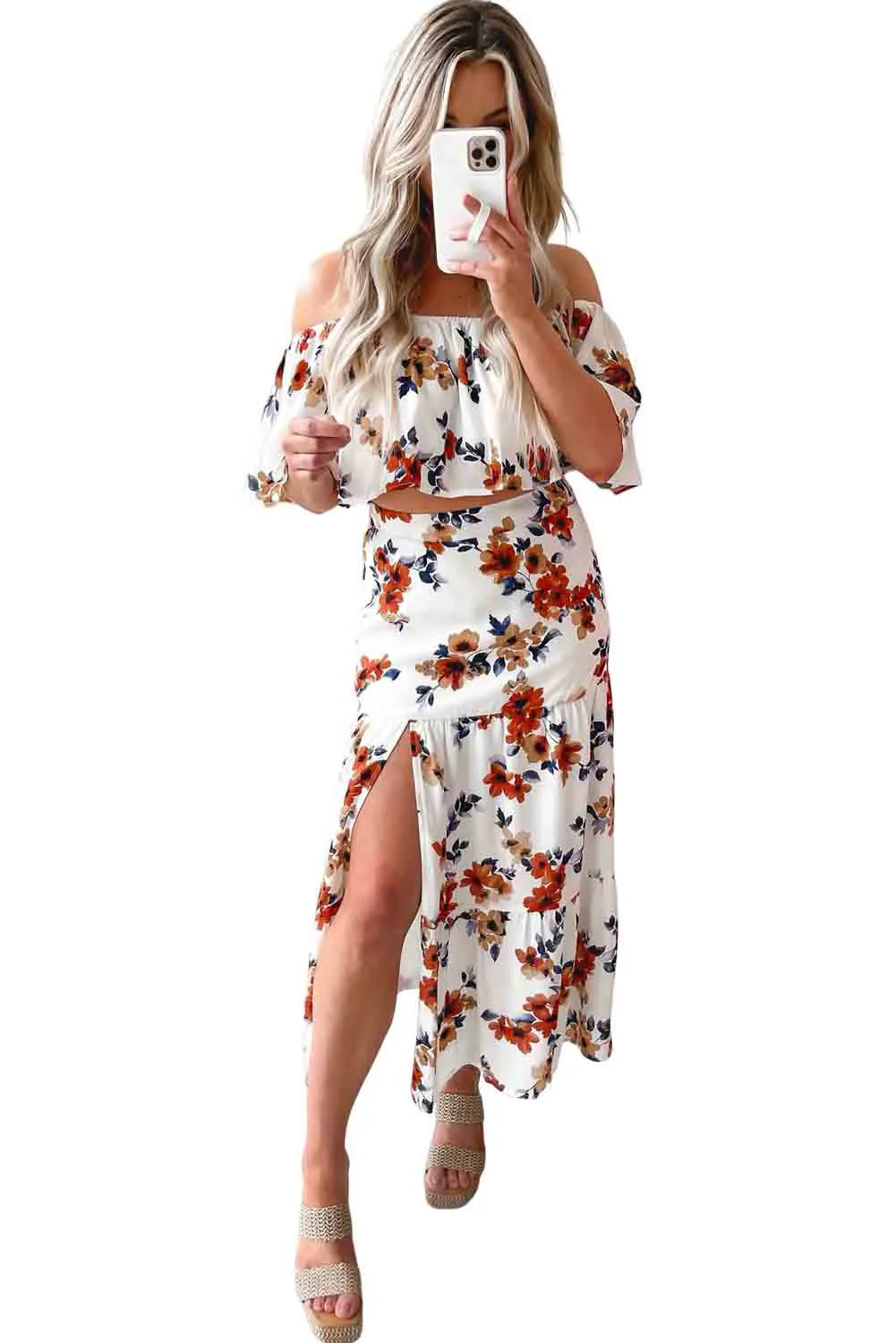 White Floral Print Off-shoulder Crop Top and Maxi Skirt Set
