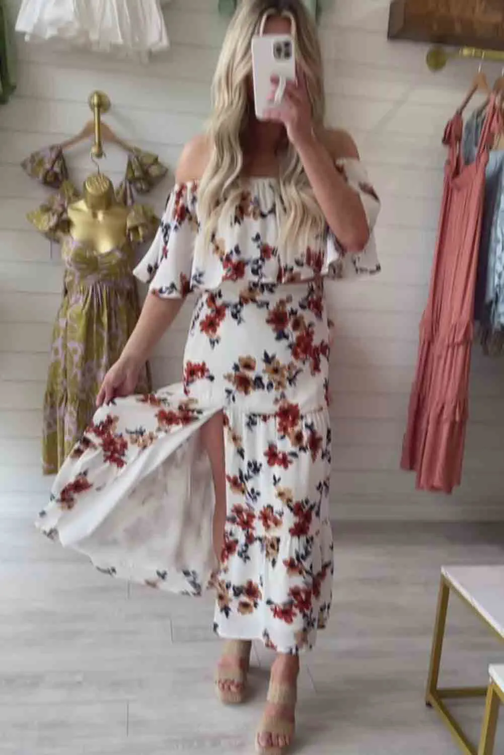 White Floral Print Off-shoulder Crop Top and Maxi Skirt Set
