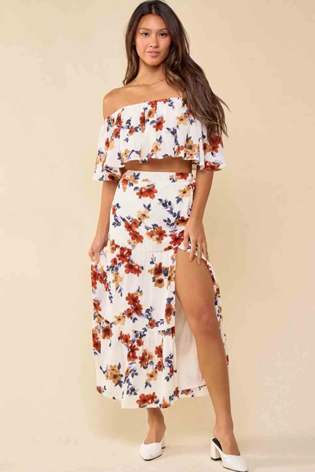 White Floral Print Off-shoulder Crop Top and Maxi Skirt Set