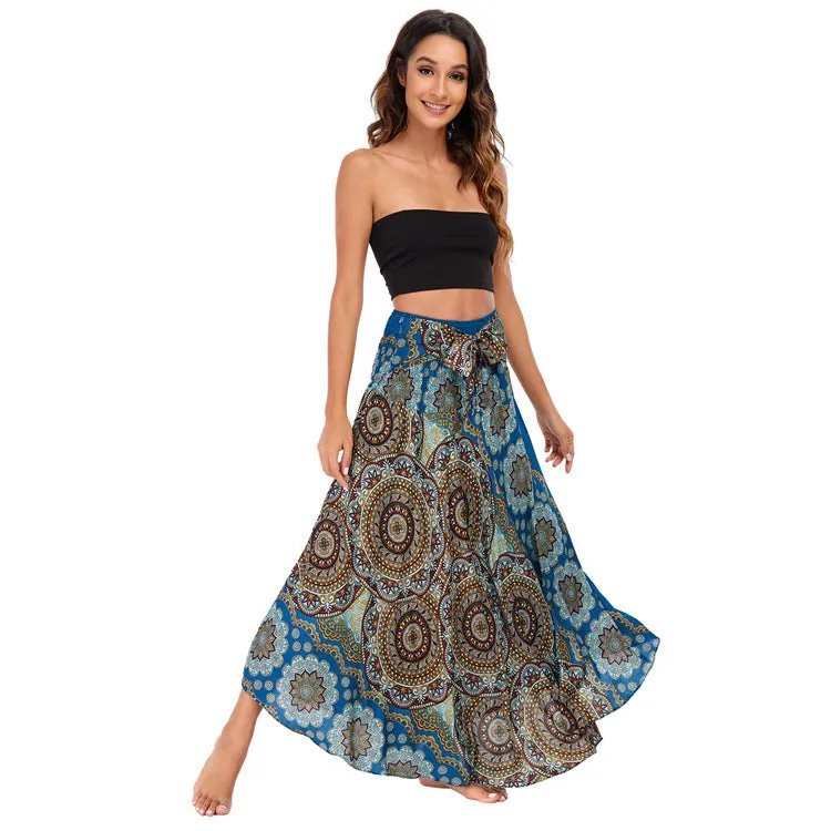 Women Rayon Skirt - Vintage Floral Pleated Halter Skirt Beach Vacation Skirt