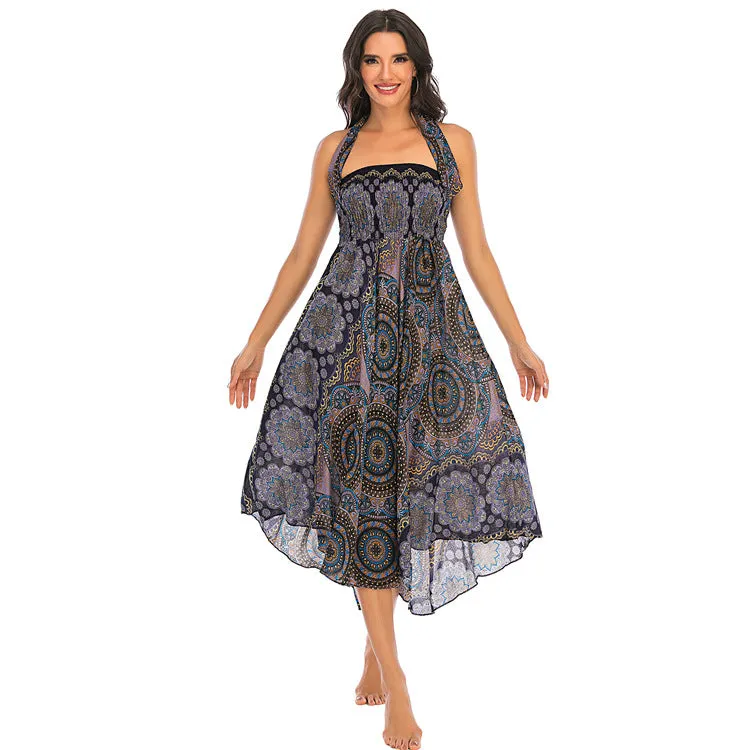 Women Rayon Skirt - Vintage Floral Pleated Halter Skirt Beach Vacation Skirt