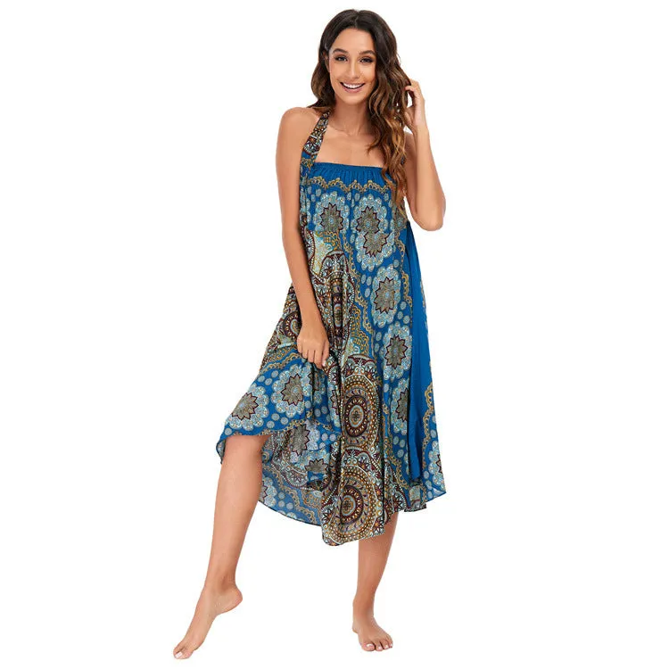 Women Rayon Skirt - Vintage Floral Pleated Halter Skirt Beach Vacation Skirt