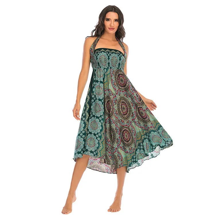 Women Rayon Skirt - Vintage Floral Pleated Halter Skirt Beach Vacation Skirt