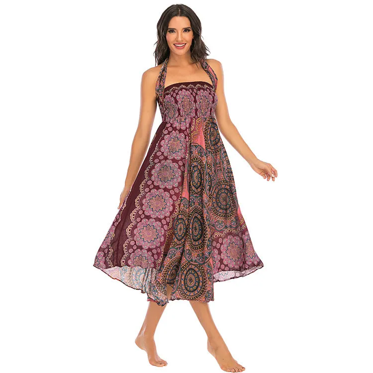 Women Rayon Skirt - Vintage Floral Pleated Halter Skirt Beach Vacation Skirt