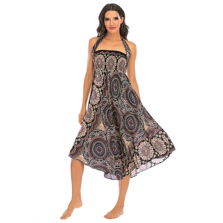 Women Rayon Skirt - Vintage Floral Pleated Halter Skirt Beach Vacation Skirt