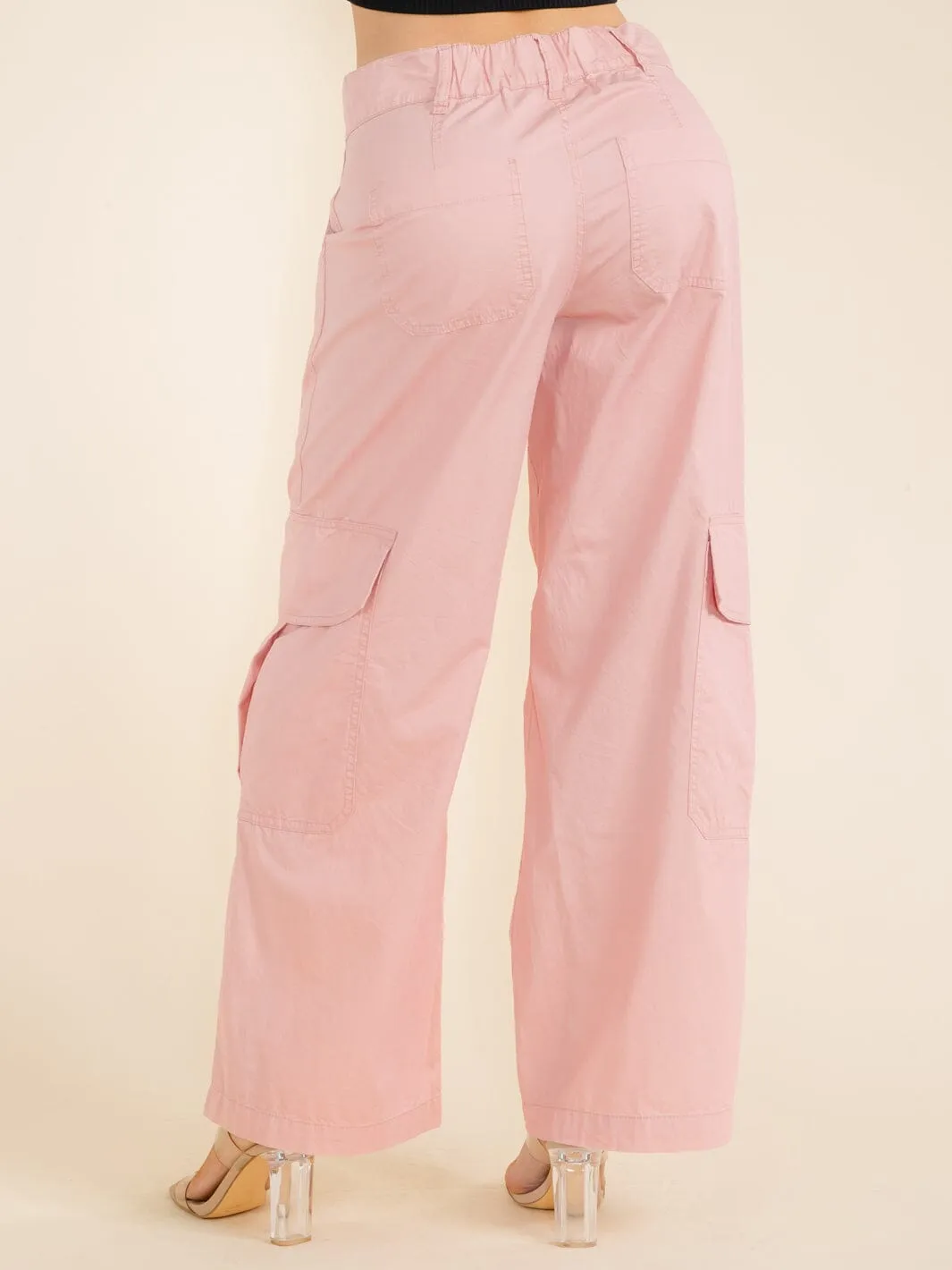 WOMEN'S BUTTON CLOSURE CARGO POCKETS WIDE LEG PANTS