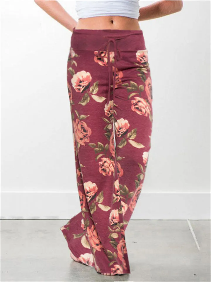 Women's Cute Floral Drawstring Wide-Leg Cotton Vacation Pants