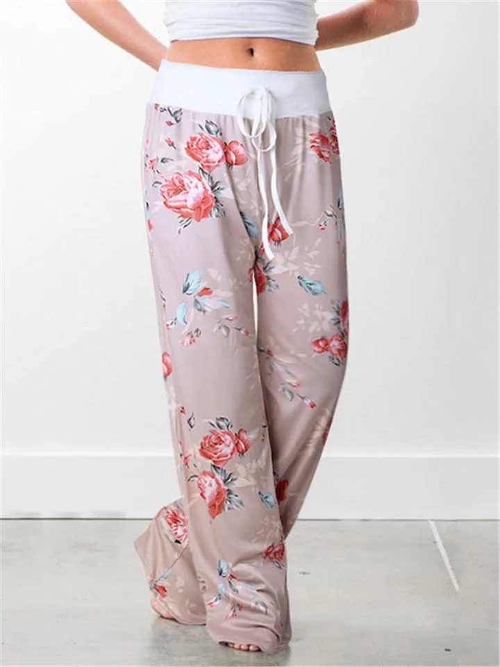 Women's Cute Floral Drawstring Wide-Leg Cotton Vacation Pants