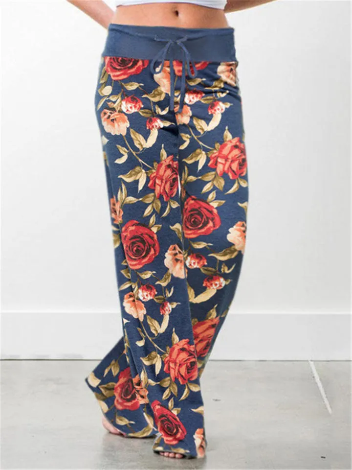 Women's Cute Floral Drawstring Wide-Leg Cotton Vacation Pants