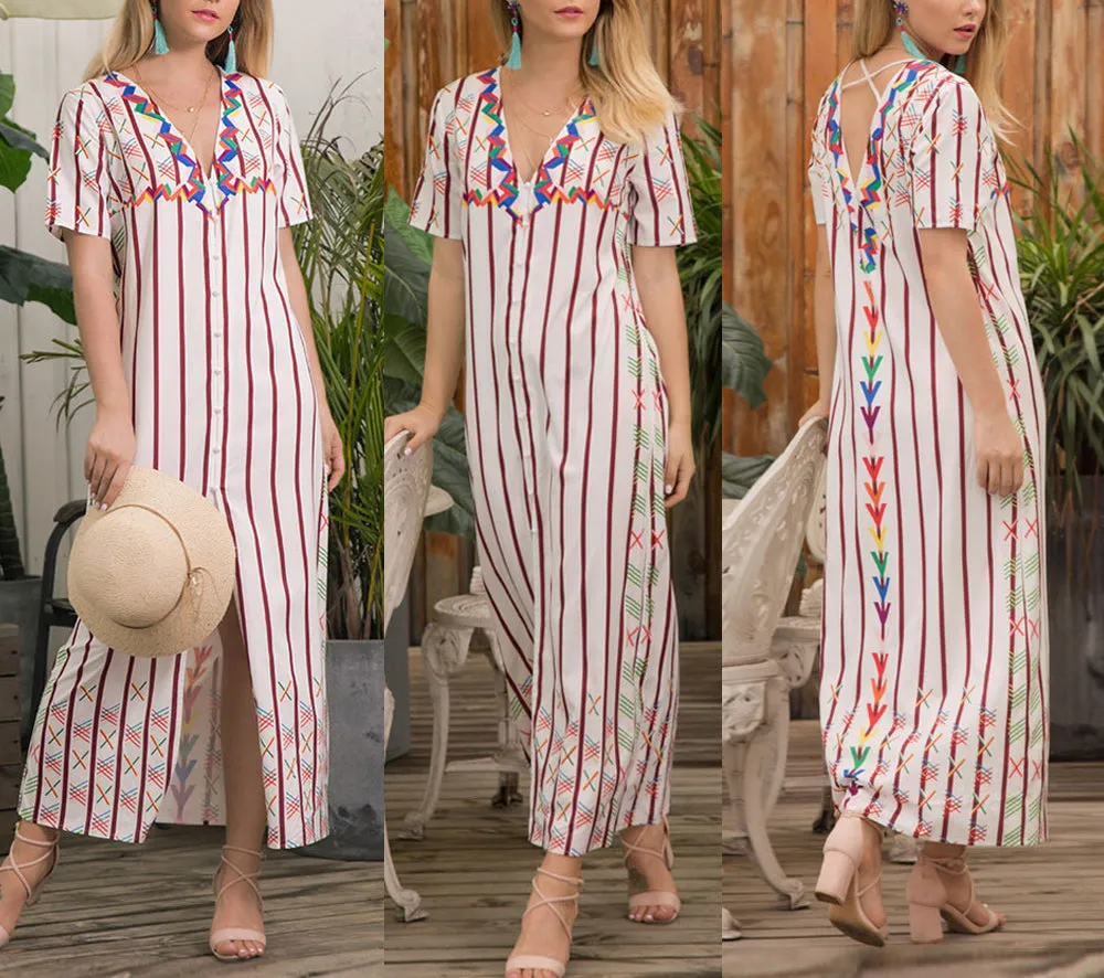Women's Front Split Short-sleeved V-neck Striped Dress