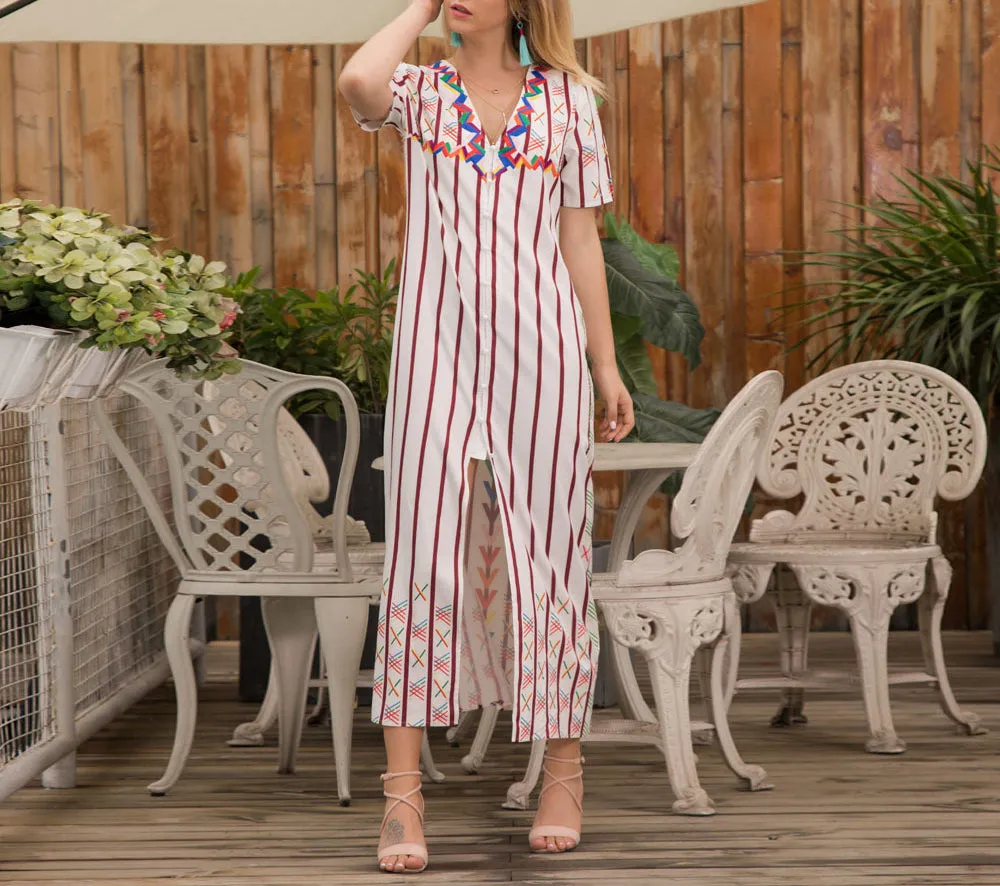 Women's Front Split Short-sleeved V-neck Striped Dress