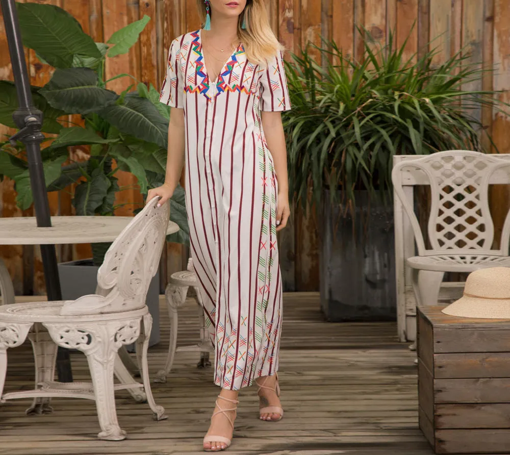 Women's Front Split Short-sleeved V-neck Striped Dress