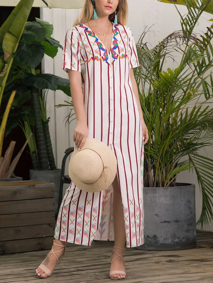 Women's Front Split Short-sleeved V-neck Striped Dress