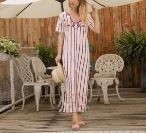 Women's Front Split Short-sleeved V-neck Striped Dress