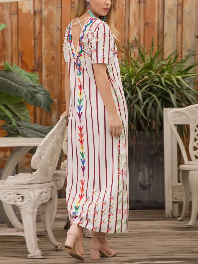 Women's Front Split Short-sleeved V-neck Striped Dress