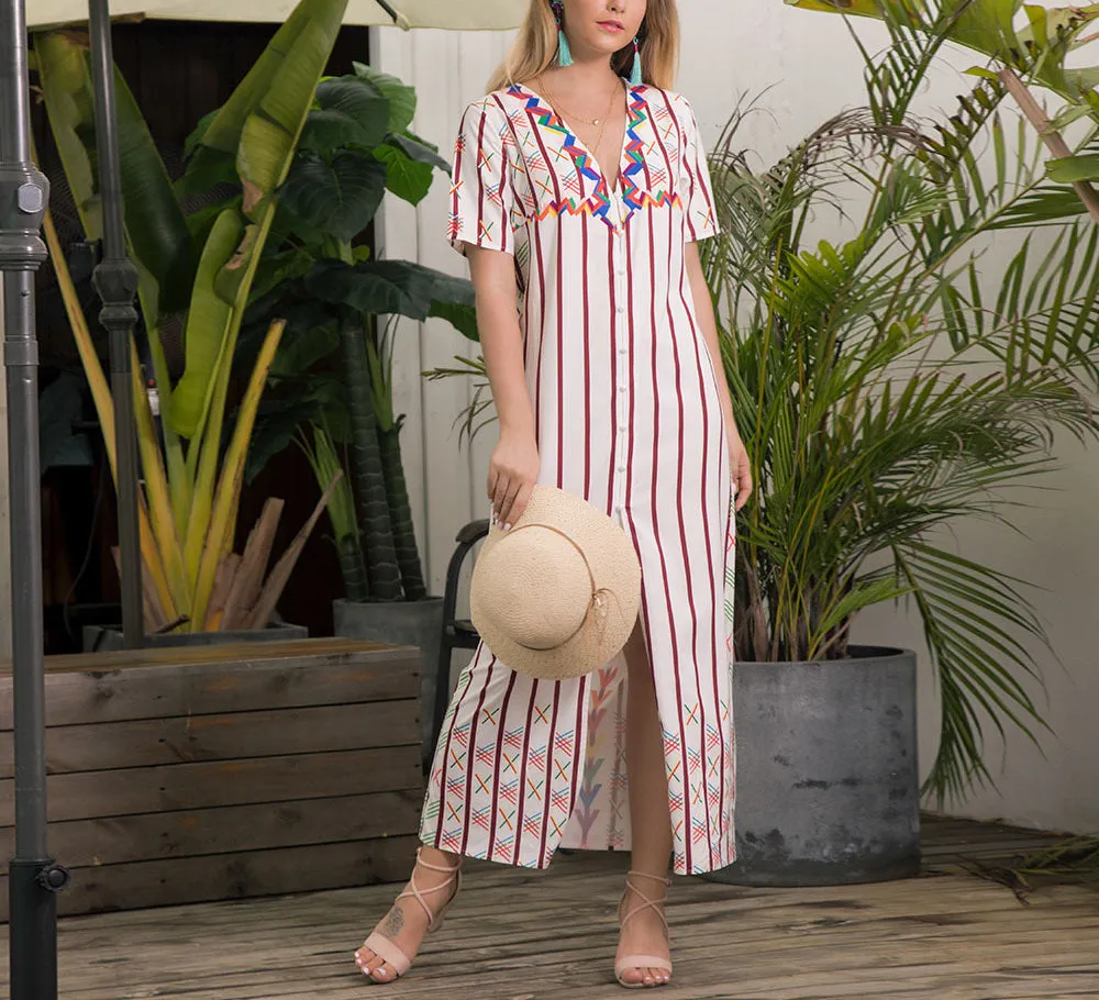 Women's Front Split Short-sleeved V-neck Striped Dress