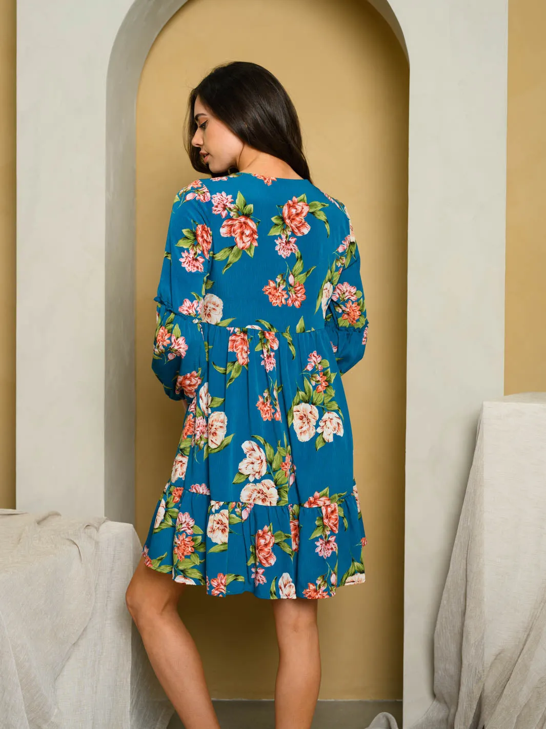 WOMEN'S LONGSLEEVE BABYDOLL FLORAL MINI DRESS