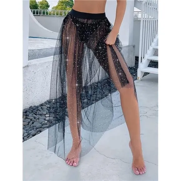 WOMEN'S Mesh Sheer High Waist Glitter Black