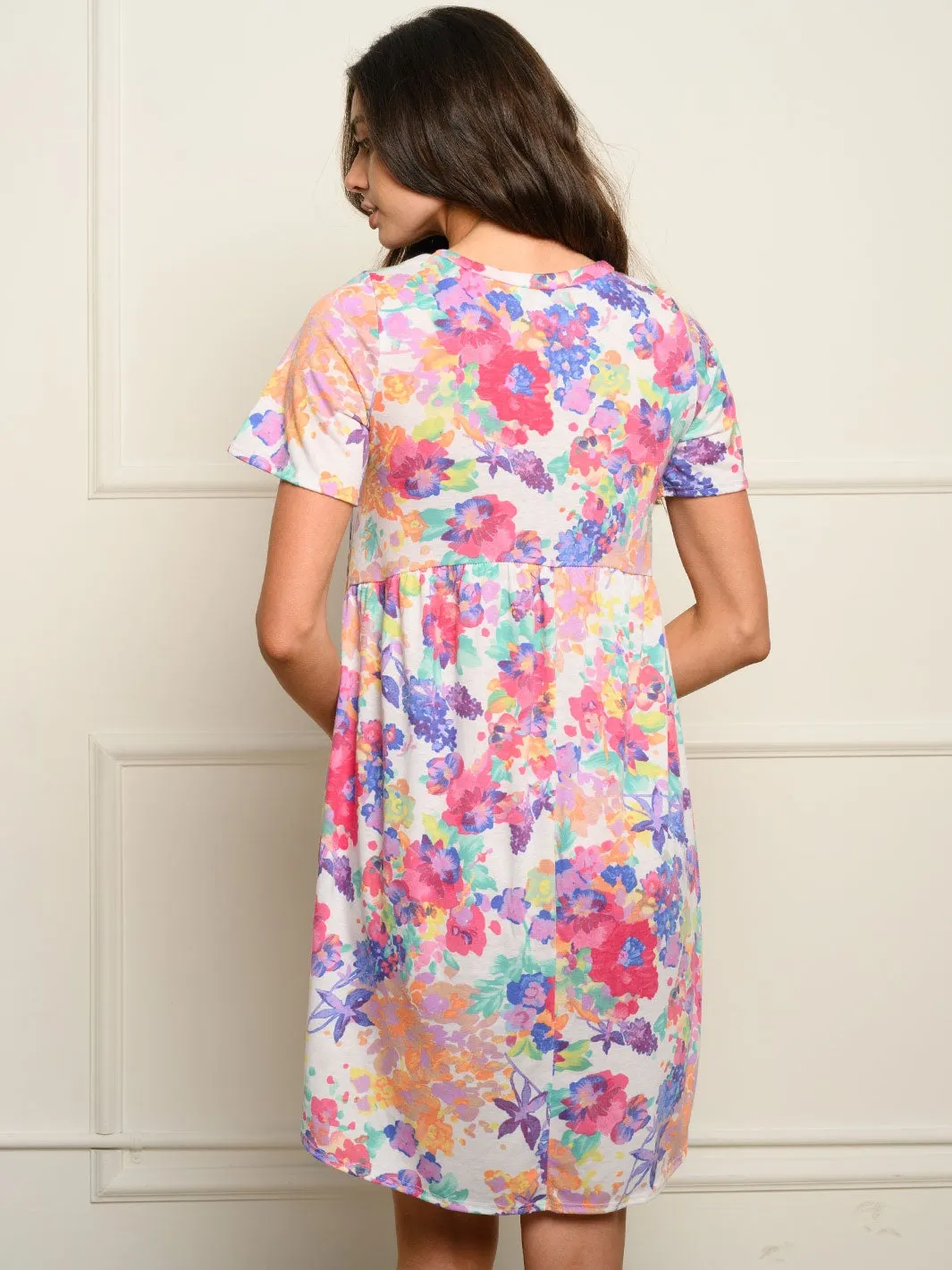 WOMEN'S SHORT SLEEVE FLORAL POCKETS MINI DRESS