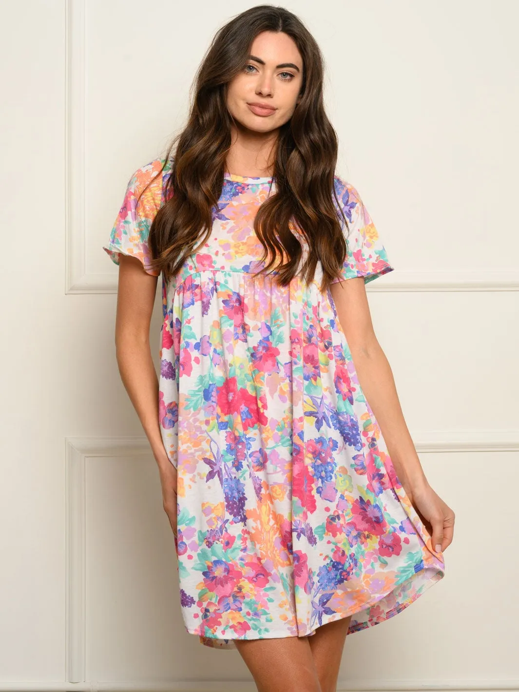 WOMEN'S SHORT SLEEVE FLORAL POCKETS MINI DRESS