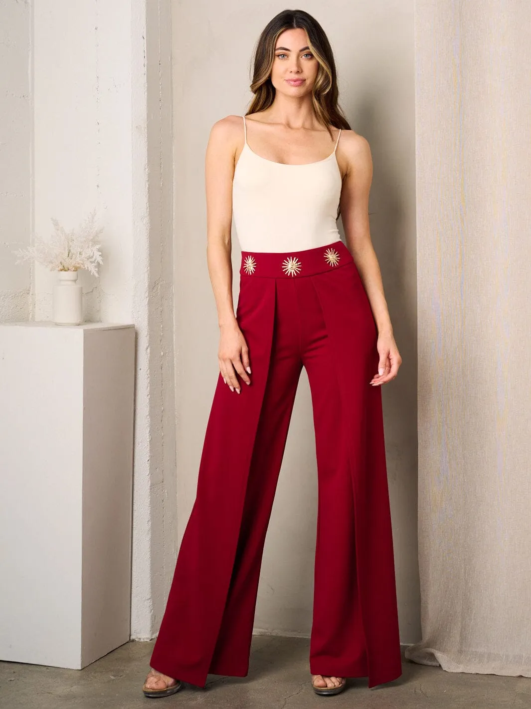 WOMEN'S ZIP UP SUN DETAILED WAIST WIDE LEG PANTS