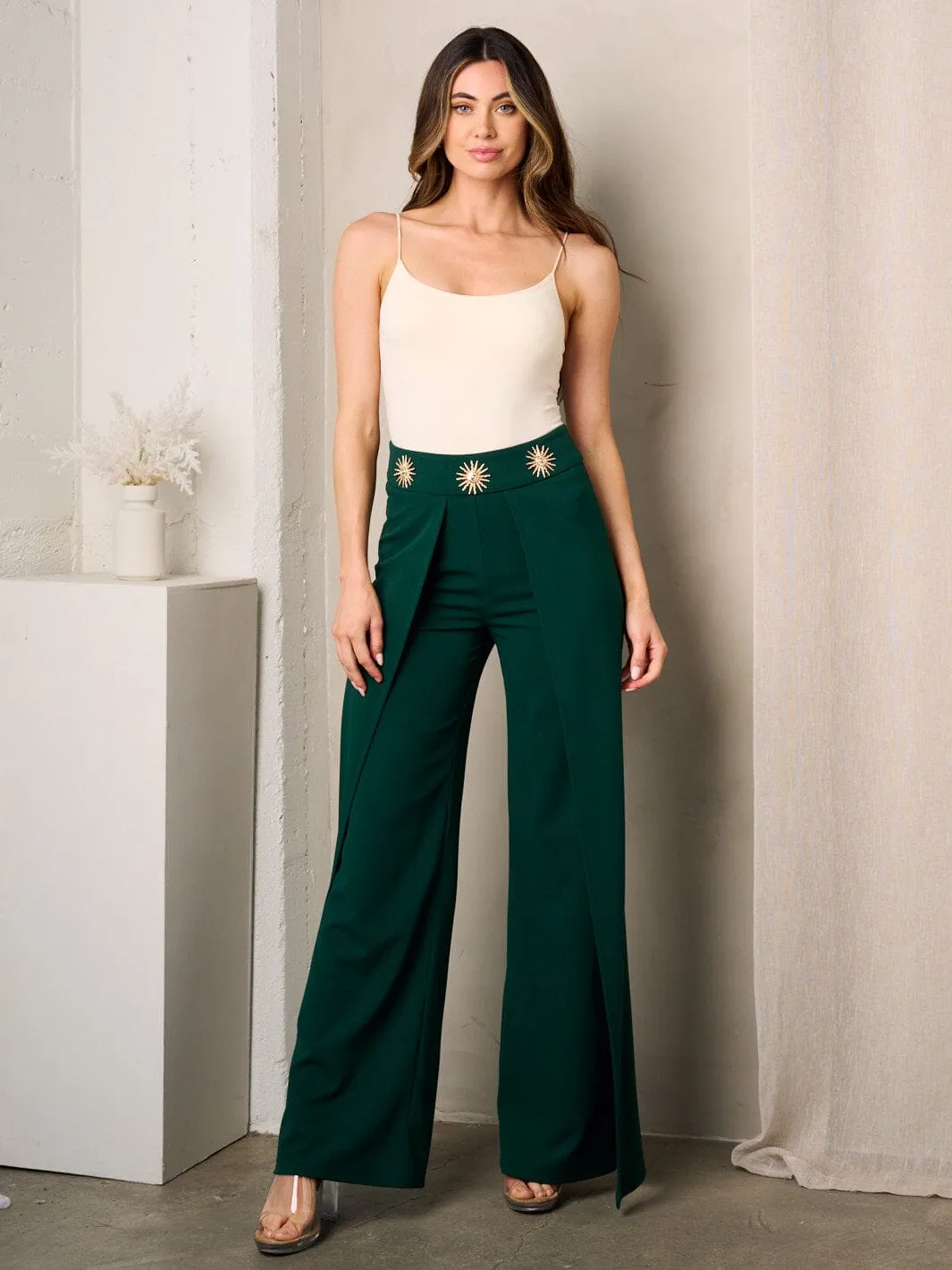 WOMEN'S ZIP UP SUN DETAILED WAIST WIDE LEG PANTS
