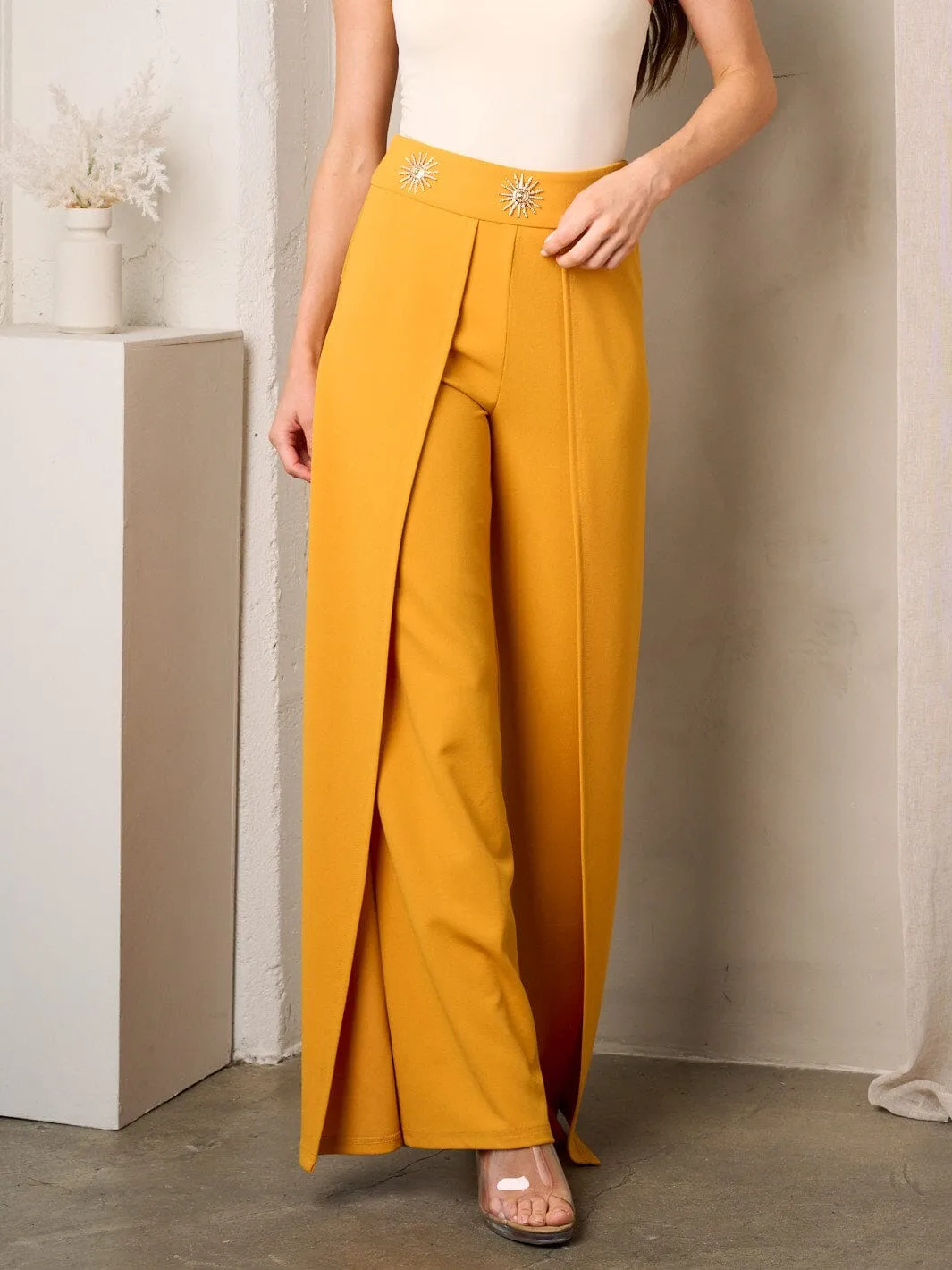 WOMEN'S ZIP UP SUN DETAILED WAIST WIDE LEG PANTS