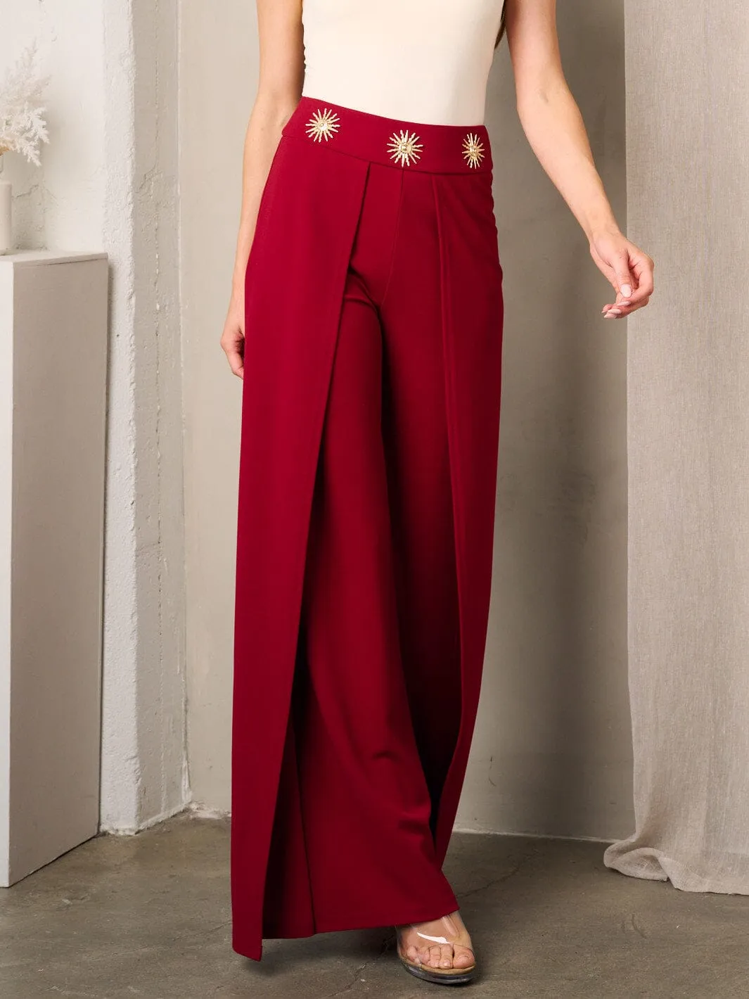 WOMEN'S ZIP UP SUN DETAILED WAIST WIDE LEG PANTS